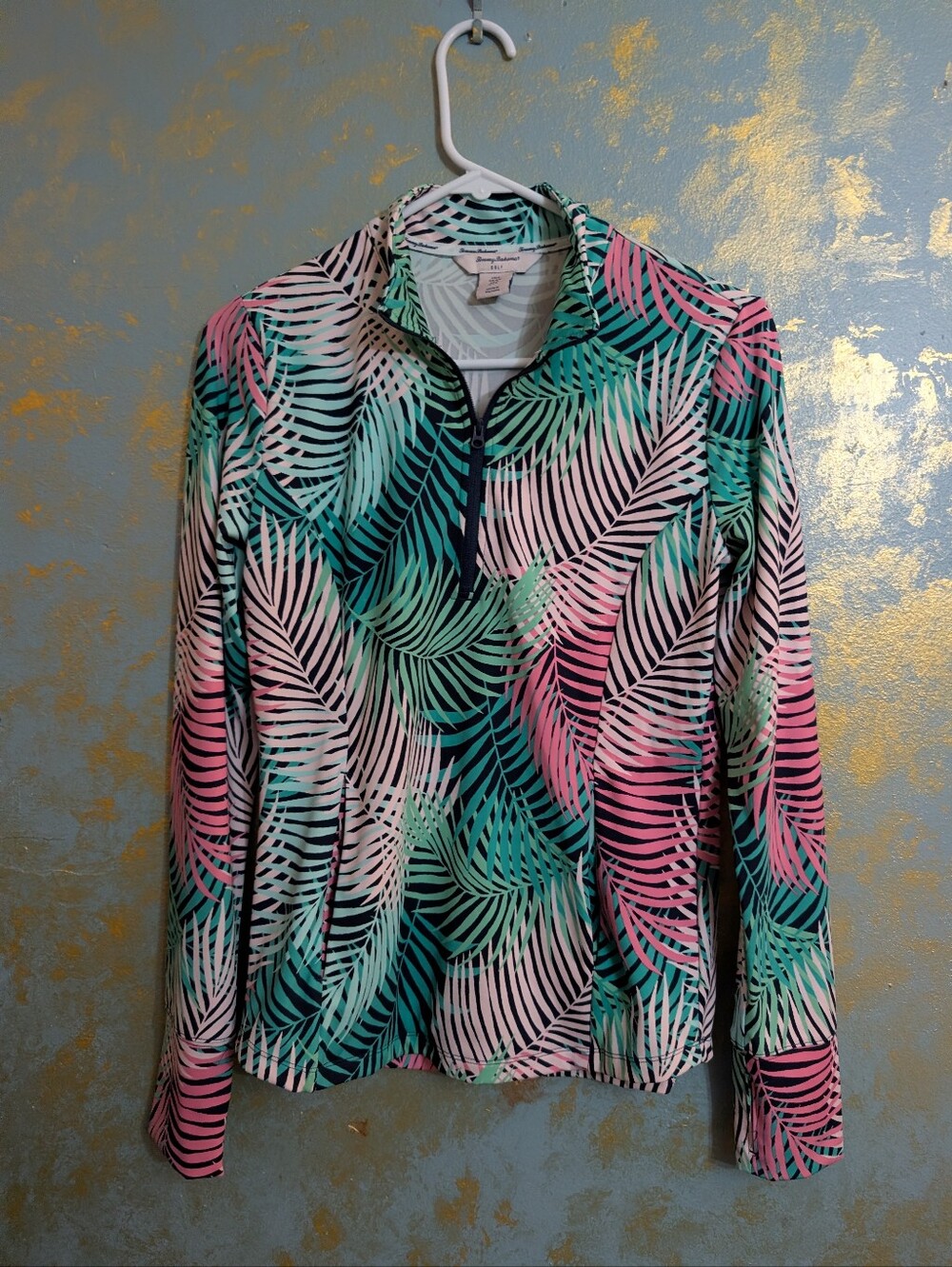 Tommy Bahama Pink Teal Black Palm-Print Quarter-Zip Golf Top Size Small